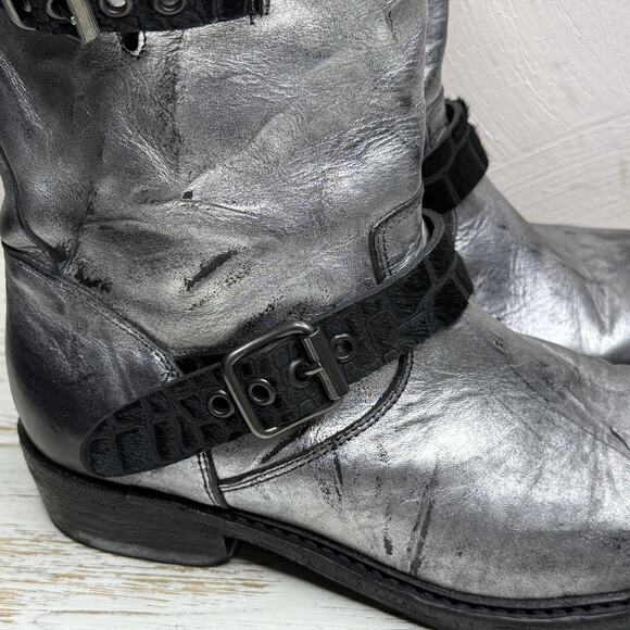 Pantanetti Womens Silver Italian Leather Moto Style Boots with Buckles Size 37.5 - Picture 3 of 8